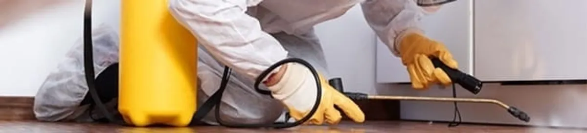 Roach exterminator treating cracks and crevices along kitchen baseboards in Chattanooga, TN
